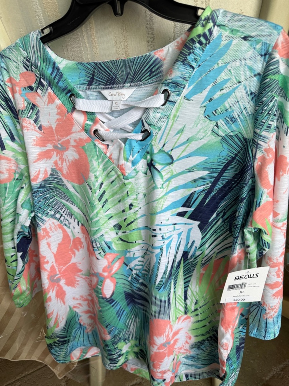 Coral Bay Lace-Up Tropical Tunic in Coral, Aqua & Green